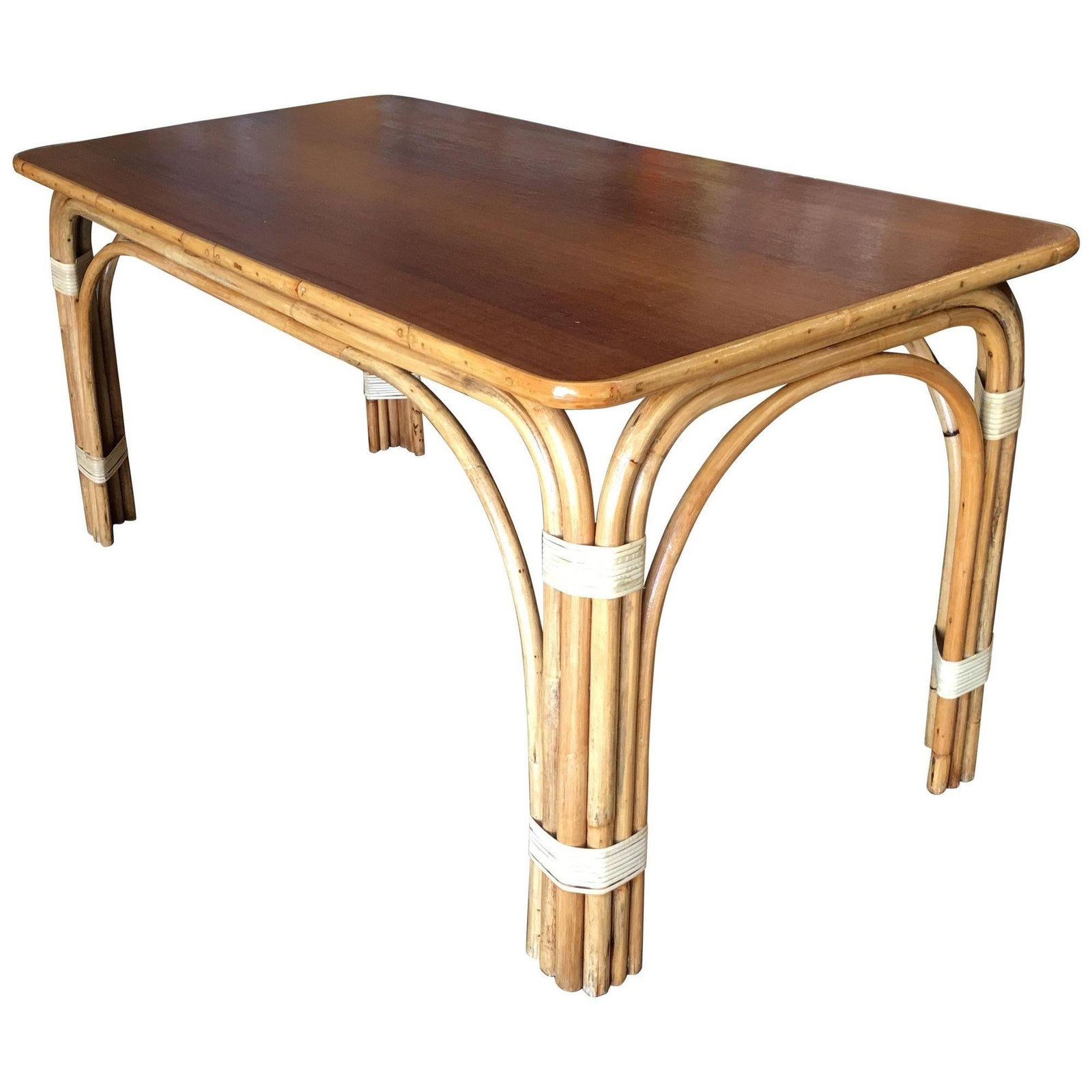Rattan "Triple Arch" Dining Room Table with Mahogany Top - 5