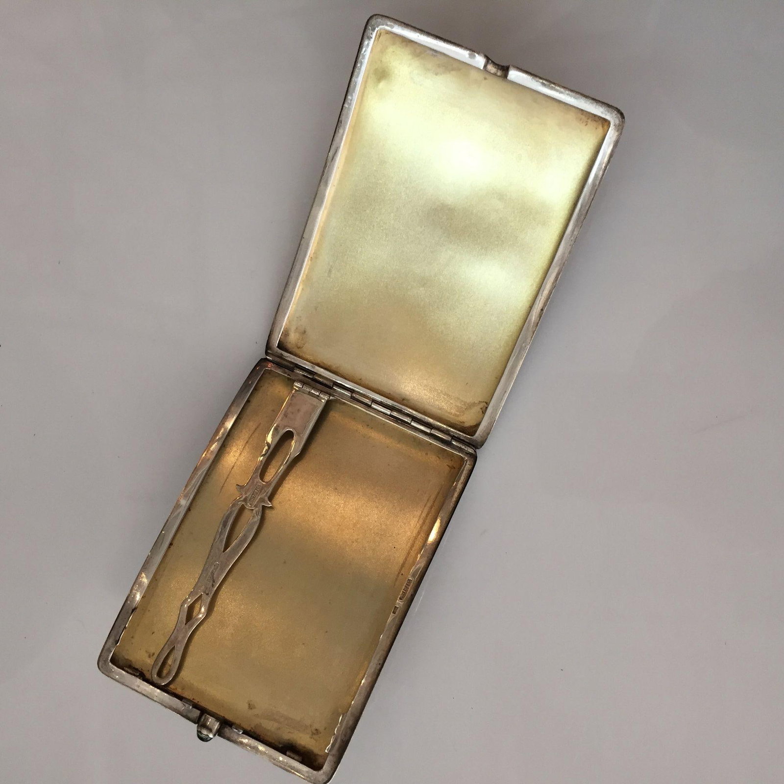 German Sterling Silver Cigarette Case with a Sapphire Stone - 2