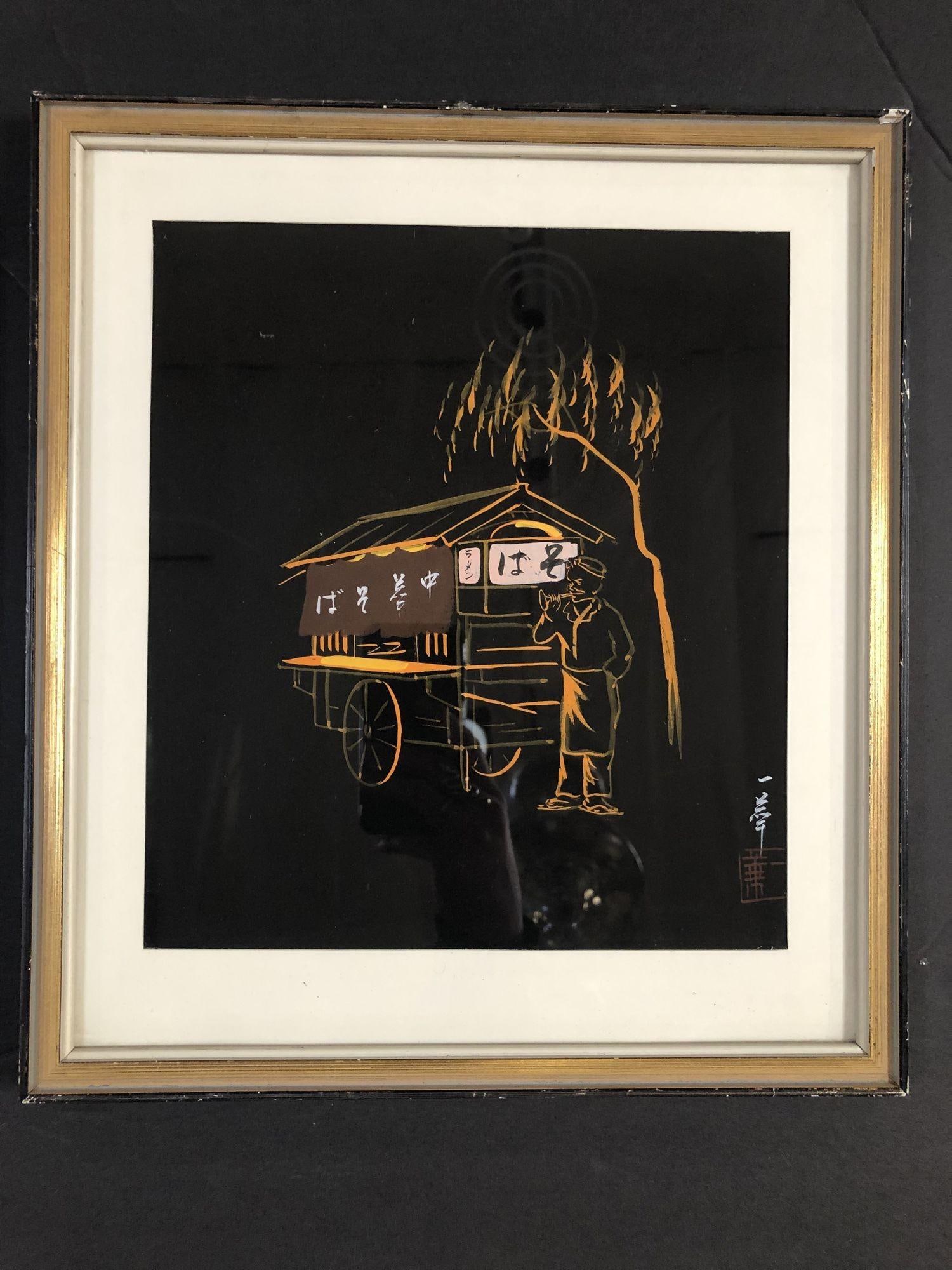 Mid Century Black and Gold Rickshaw Japanese Style Scenic Signed, Pair - 2