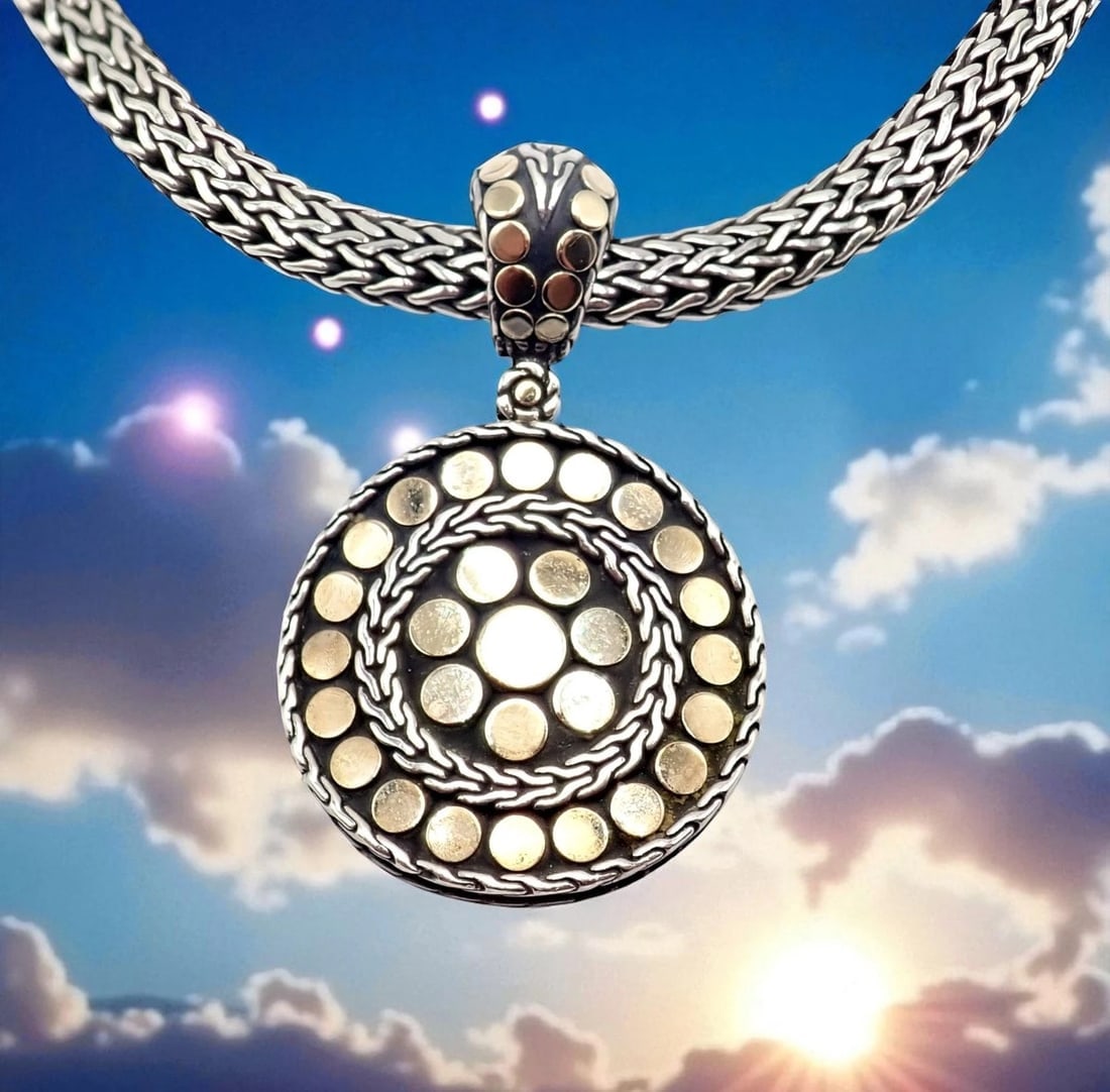 Authentic! John Hardy JH 18k Yellow Gold Silver Dot Pendant And Necklace: Authentic John Hardy necklace featuring the iconic Dot pendant, crafted in sterling silver and accented with radiant 18k yellow gold dots. The bold circular design hangs from a signature woven chain, 