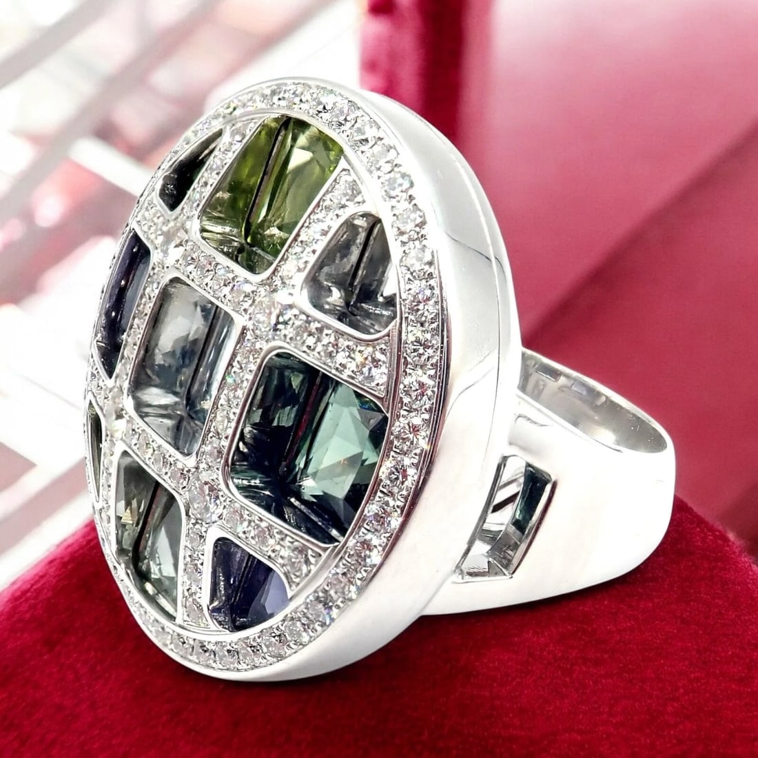 Cartier Pasha 18k White Gold Diamond Color Stone Ring Box + Papers sz 6 52: This stunning Cartier Pasha ring, crafted in luxurious 18k white gold, showcases an exquisite array of gemstones, including diamond, amethyst, green tourmaline, aquamarine, and violet cordierite. Its 