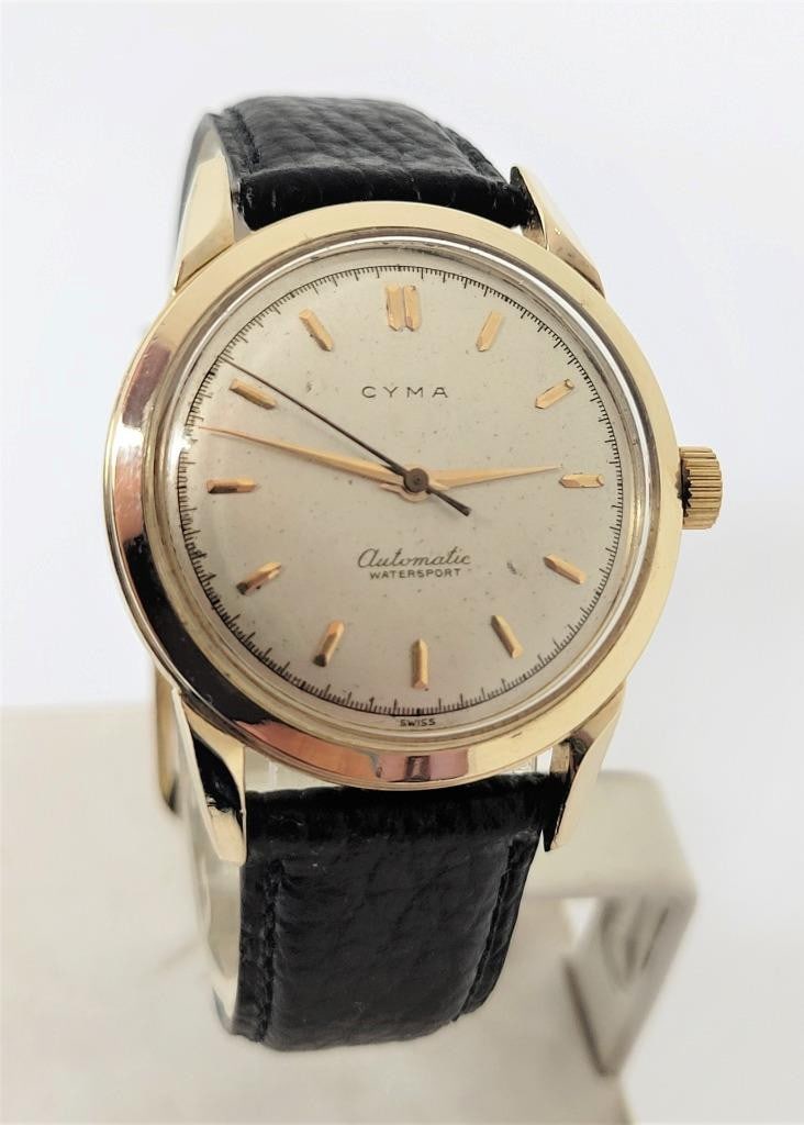 Vintage Solid 14k Gold CYMA Mens Automatic Watch 1950s EXLNT* SERVICED: Vintage Solid 14k Gold CYMA Mens Automatic Watch 1950s EXLNT* SERVICED This Mens CYMA watch is Swiss made. Great present for yourself or someone you love as well as for vintage collectors or enthusias