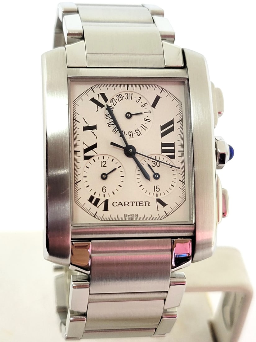 S/Steel CARTIER TANK/Francaise Chronoflex Chronograph Watch 2303* EXLNT SERVICED: S/Steel CARTIER Tank Francaise Chronoflex Chronograph Watch 2303* SERVICED* Excellent Condition This Unisex Cartier watch is Swiss made. Great present for someone you love or for yourself! * Stainless