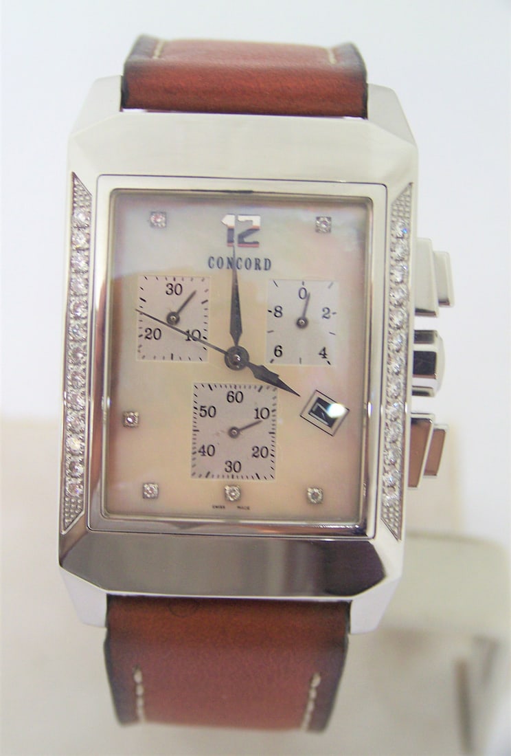 Mens CONCORD Chronograph Watch Ref 14H11491S With Diamonds & Mother of Pearl: Mens CONCORD Chronograph Watch Ref 14H11491S With Diamonds & Mother of Pearl in Excellent Condition This Men's Concord watch is Swiss made.. Great present for yourself or someone you love! * Stainless