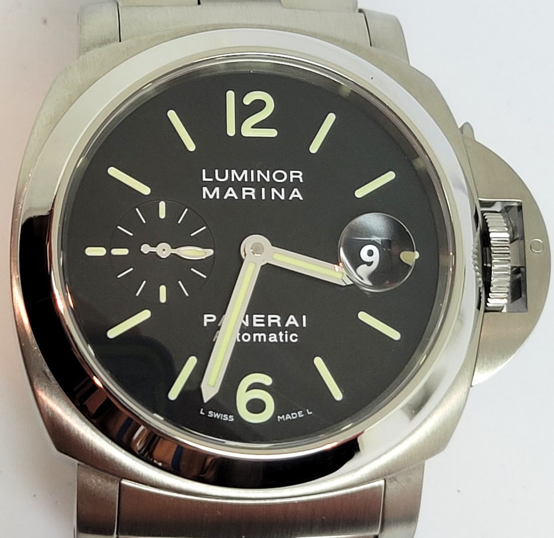 MENS PANERAI LUMINOR MARINA AUTOMATIC WATCH PAM00299 OP6763 44 mm EXLNT: MENS PANERAI LUMINOR MARINA AUTOMATIC WATCH PAM00299 OP6763 44 mm EXLNT ???? This Men's Panerai watch is Swiss made. Great present for yourself or someone you love! * Stainless steel case & bracelet