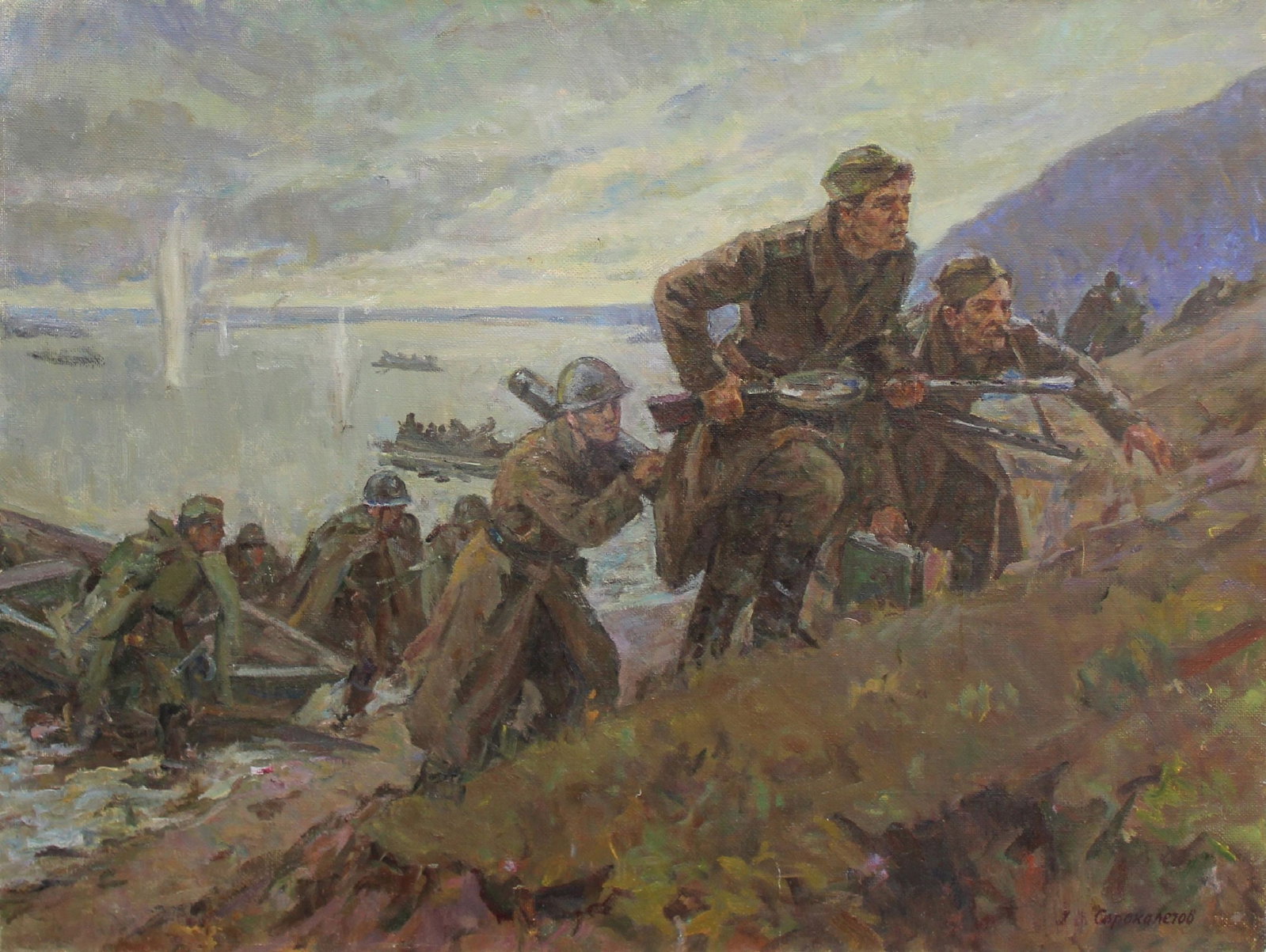 Sorokoletov Gavriil (Ukrainian artist), "The landing of paratroopers on the Dnieper", oil on canvas: Title: Sorokoletov Gavriil (Ukrainian artist), "The landing of paratroopers on the Dnieper", oil on canvas Description: ARTIST: Sorokoletov Gavriil Volodymyrovych, Ukrainian artist TITLE: "The landing