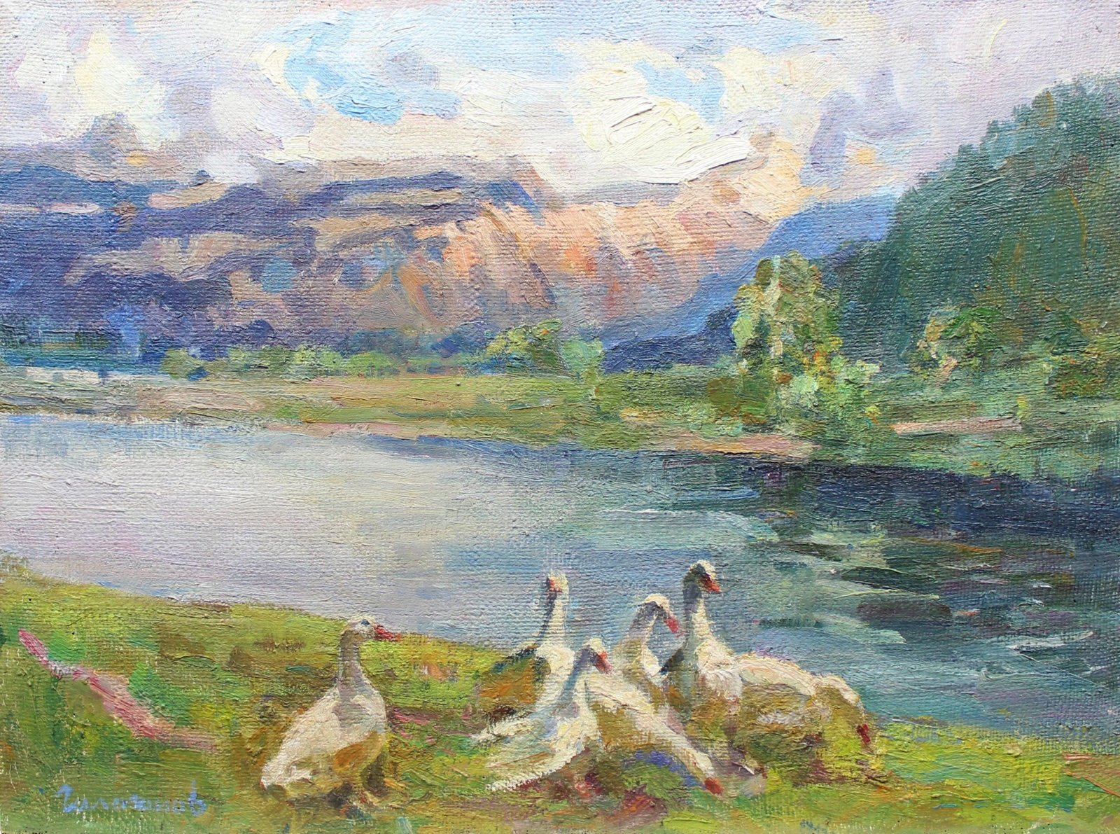 Galaganov Ivan (Ukrainian artist), "Geese", oil on canvas: Title: Galaganov Ivan (Ukrainian artist), "Geese", oil on canvas Description: ARTIST: Galaganov Ivan Oleksiyovych, Ukrainian artist TITLE: "Geese" SIZE: 51 x 69 cm, (20 x 27 1/4 in.) MEDIUM: oil on ca