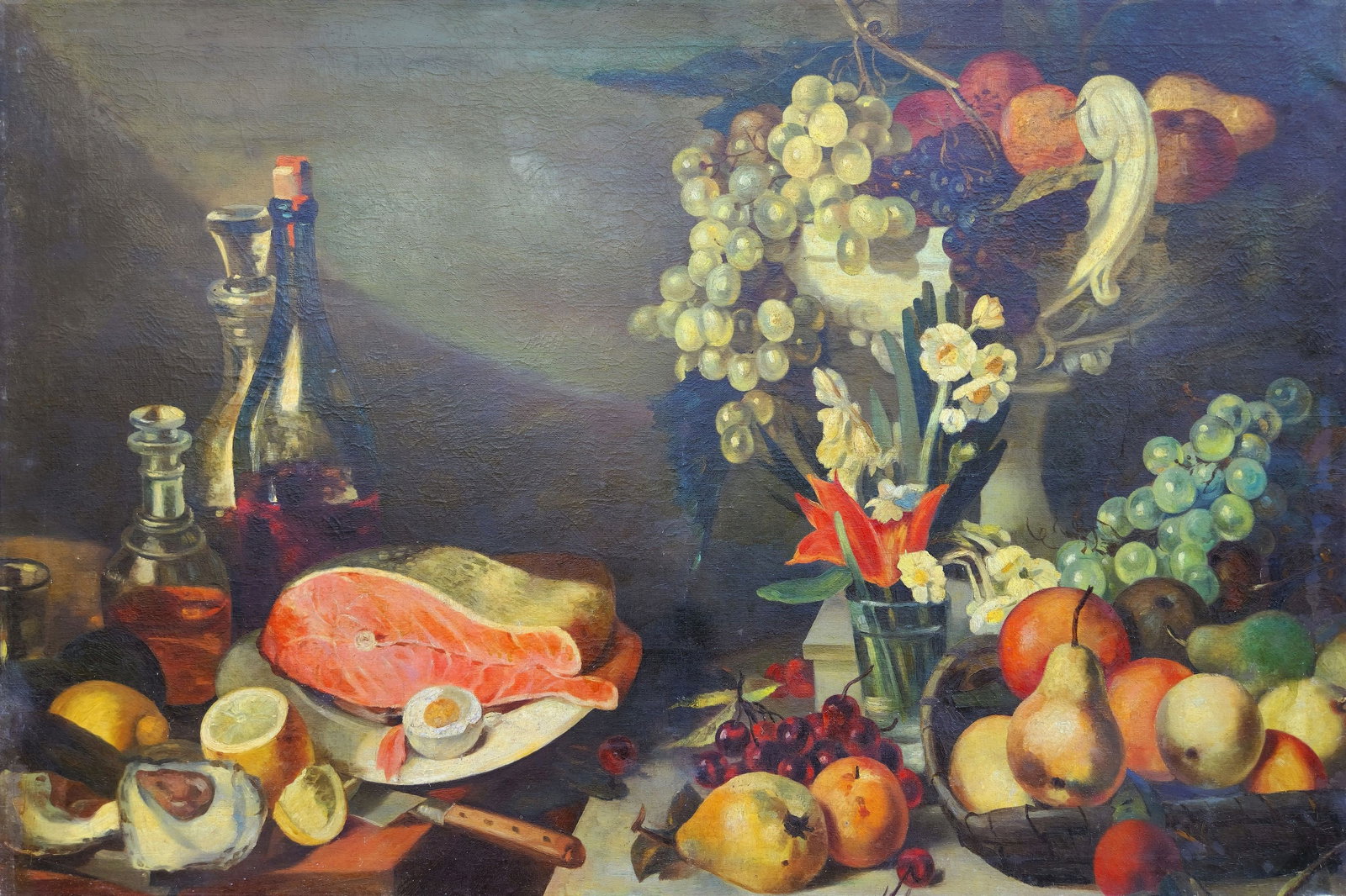 Unidentified (Ukrainian artist), "Still life with food", oil on canvas: Title: Unidentified (Ukrainian artist), "Still life with food", oil on canvas Description: ARTIST: Unidentified Artist TITLE: "Still life with food" SIZE: 90 x 135 cm, (35 2/4 x 53 1/4 in.) MEDIUM: oi
