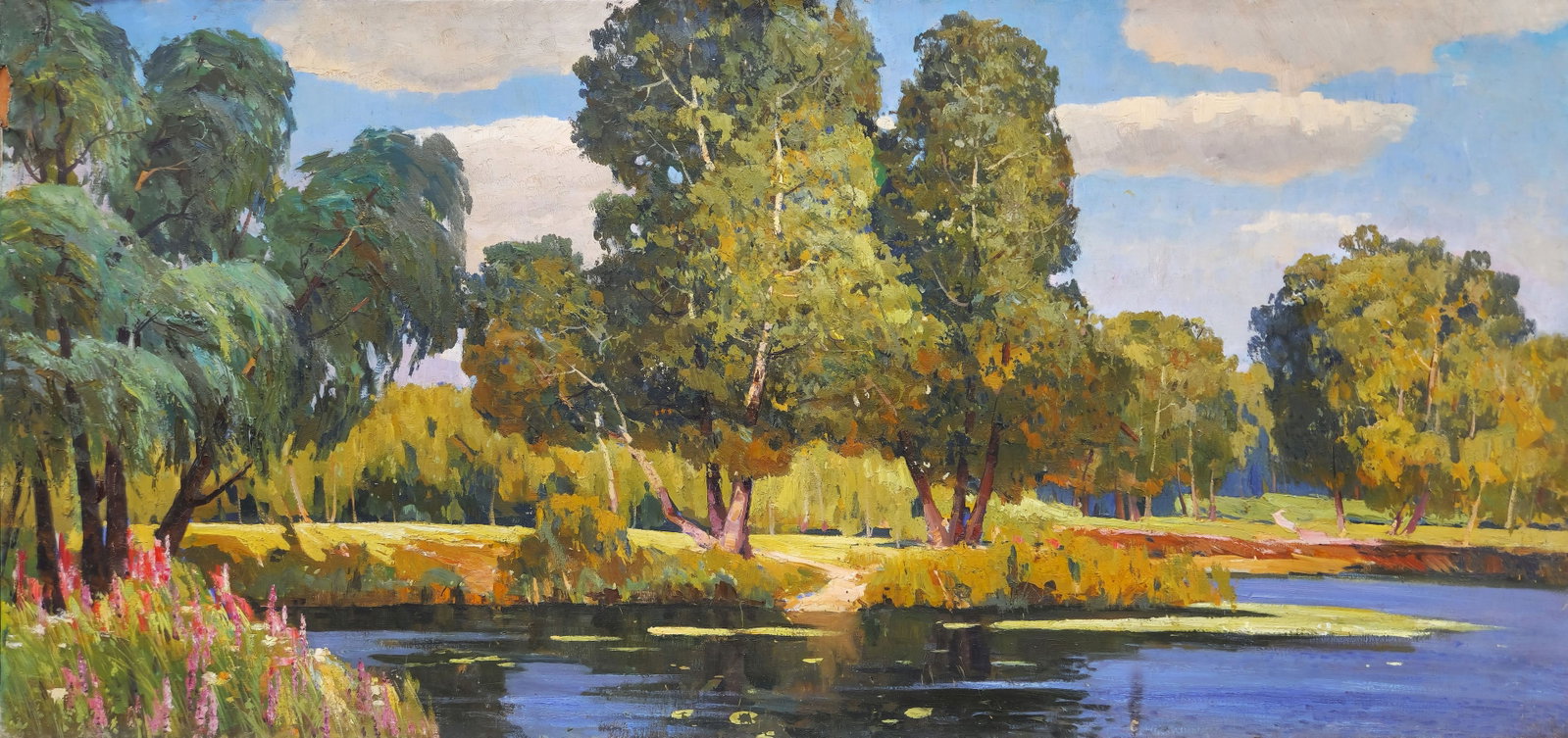 Chernyavsky Georgiy (Ukrainian artist), "River bank", oil on canvas: Title: Chernyavsky Georgiy (Ukrainian artist), "River bank", oil on canvas Description: ARTIST: Chernyavsky Georgiy Georgievich, Ukrainian artist TITLE: "River bank" SIZE: 120 x 250 cm, (47 1/4 x 98 2