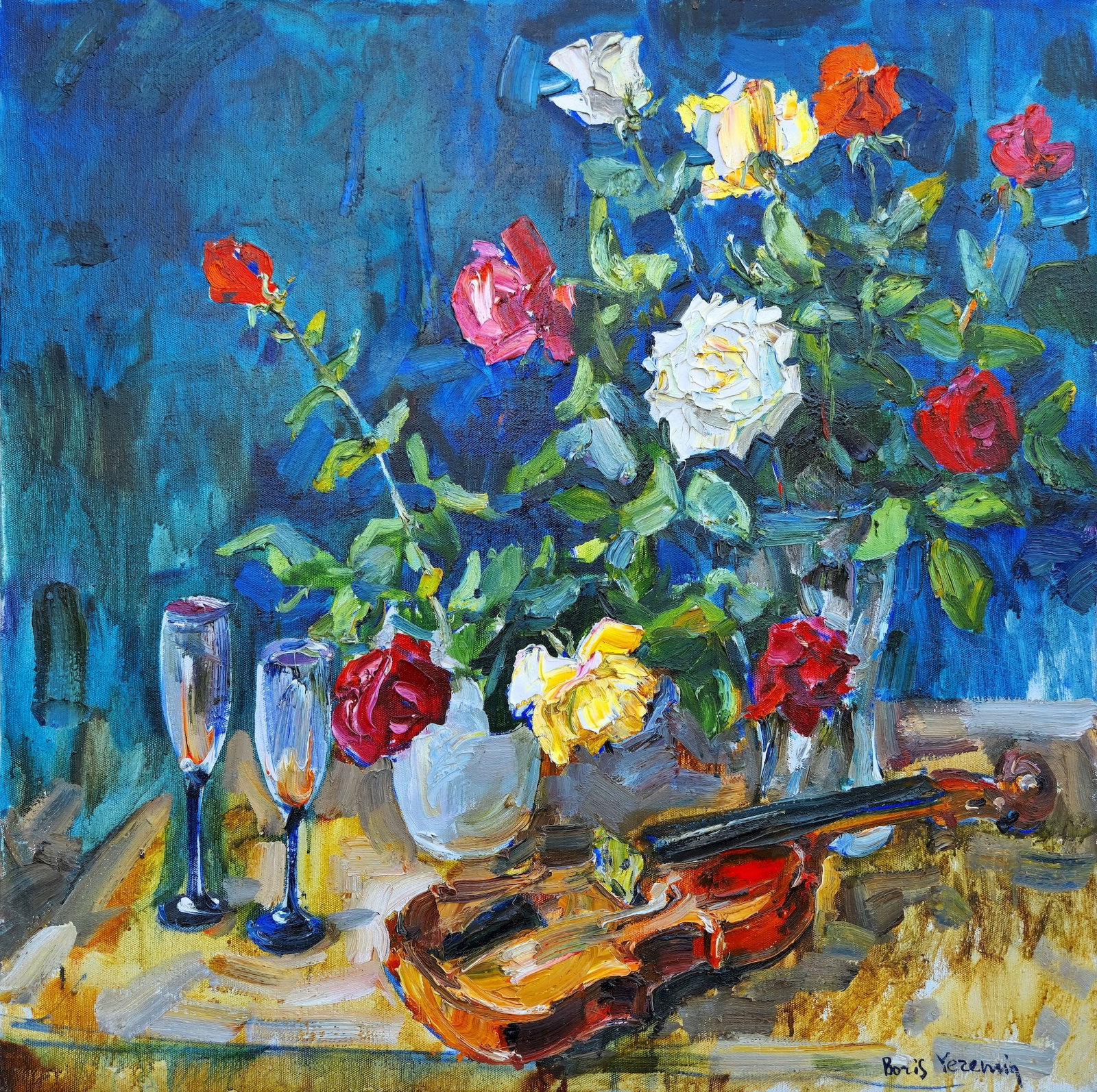 Yeremin Boris (Ukrainian artist), "Roses. Twilight", oil on canvas: Title: Yeremin Boris (Ukrainian artist), "Roses. Twilight", oil on canvas Description: ARTIST: Yeremin Boris Oleksandrovich, Ukrainian artist TITLE: "Roses. Twilight" SIZE: 80 x 80 cm, (31 1/2 x 31 1/