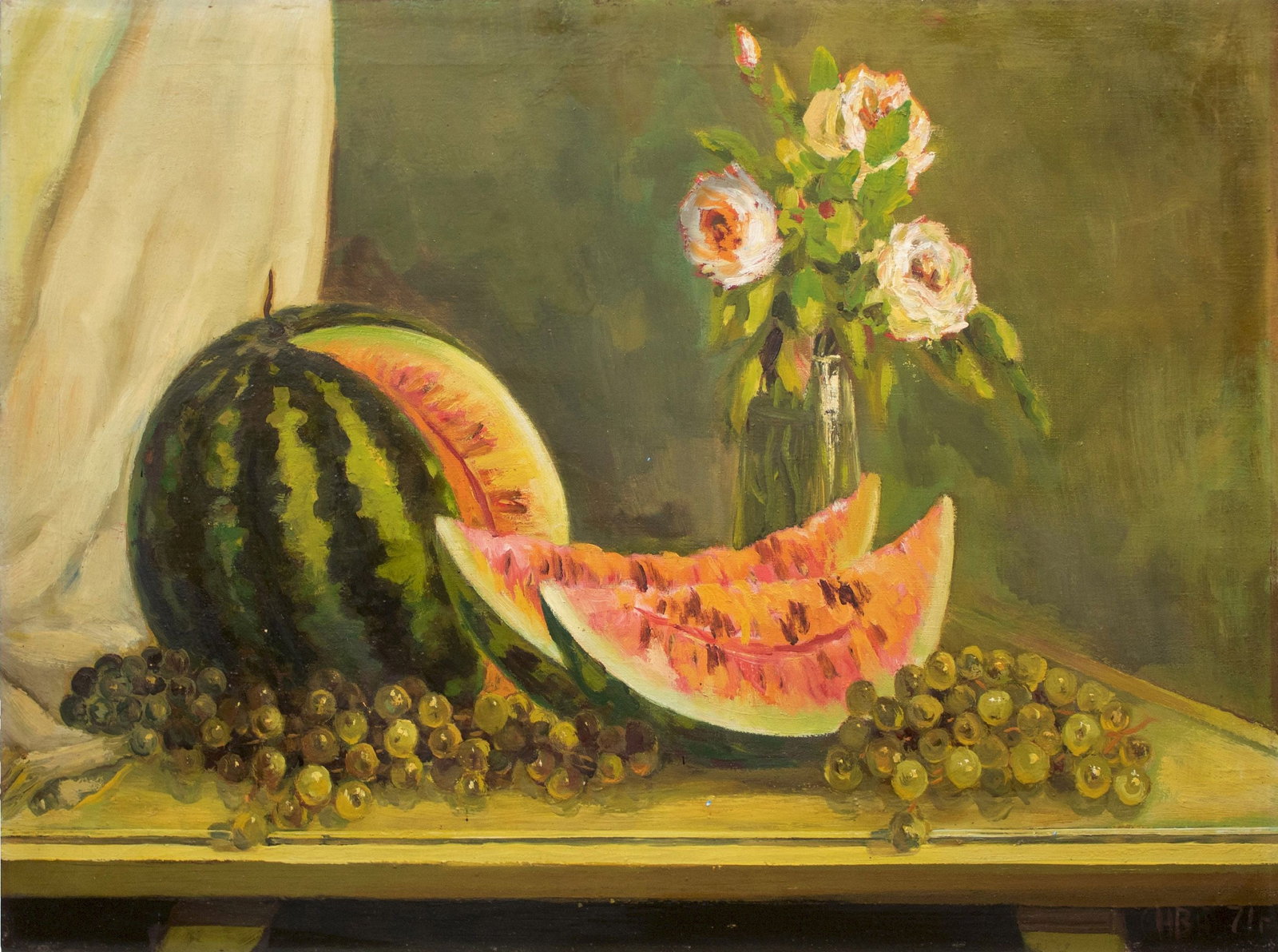 Navrotsky Vasil (Ukrainian artist), "Watermelon and grapes", oil on canvas: Title: Navrotsky Vasil (Ukrainian artist), "Watermelon and grapes", oil on canvas Description: ARTIST: Navrotsky Vasil Mykolaevich, Ukrainian artist TITLE: "Watermelon and grapes" SIZE: 60 x 80 cm, (2