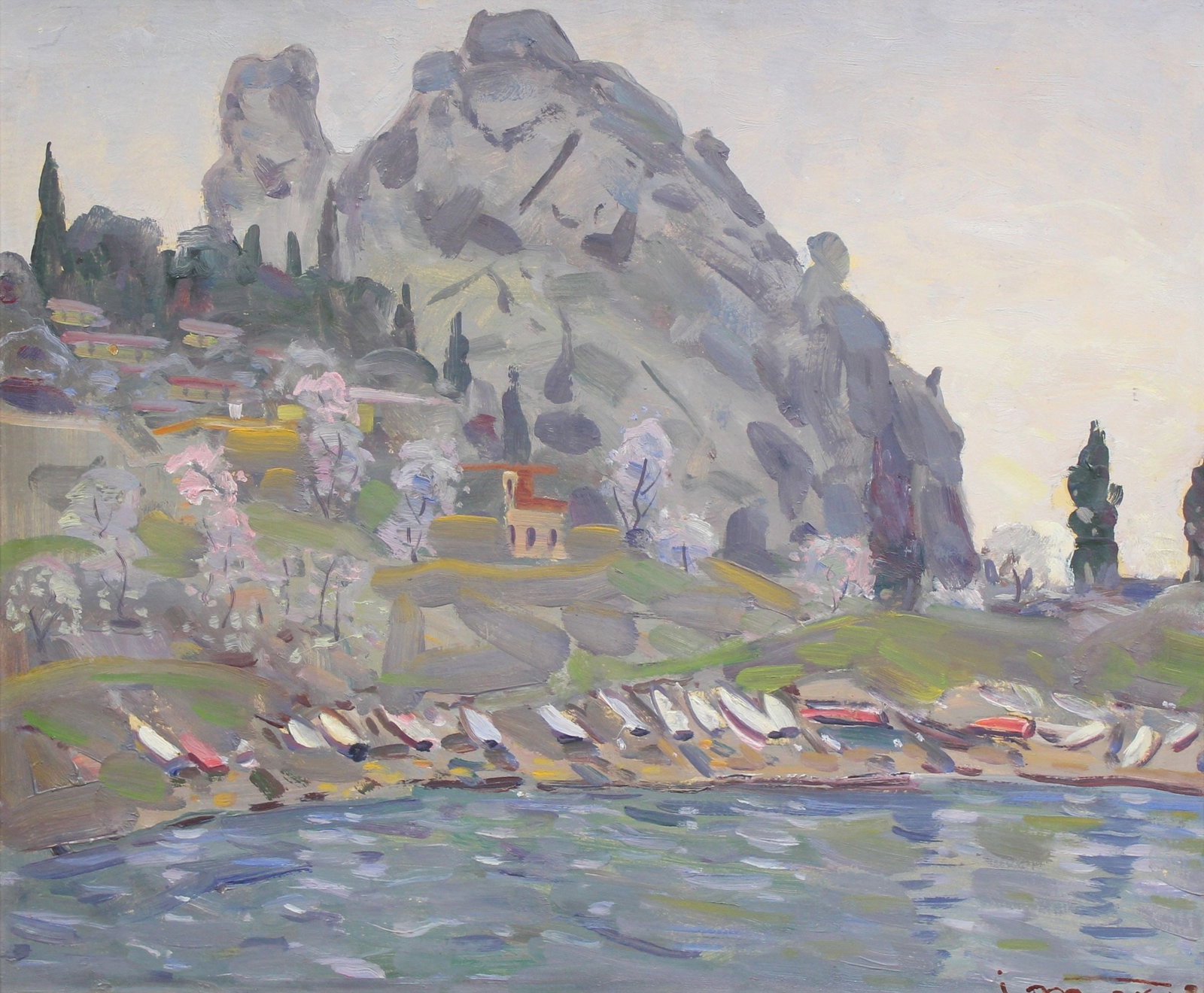 Tyukha Ivan (Ukrainian artist), "Spring in the south", oil on cardboard: Title: Tyukha Ivan (Ukrainian artist), "Spring in the south", oil on cardboard Description: ARTIST: Tyukha Ivan Andriyovich, Ukrainian artist TITLE: "Spring in the south" SIZE: 50 x 61 cm, (19 3/4 x 2