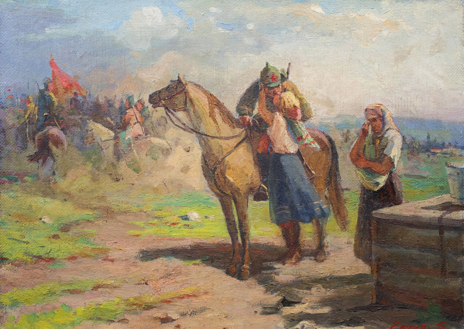 Egorov Boris (Ukrainian artist), "Send-off", oil on canvas: Title: Egorov Boris (Ukrainian artist), "Send-off", oil on canvas Description: ARTIST: Egorov Boris Kuzmich, Ukrainian artist TITLE: "Send-off" SIZE: 57 x 79 cm, (22 2/4 x 31 in.) MEDIUM: oil on canva