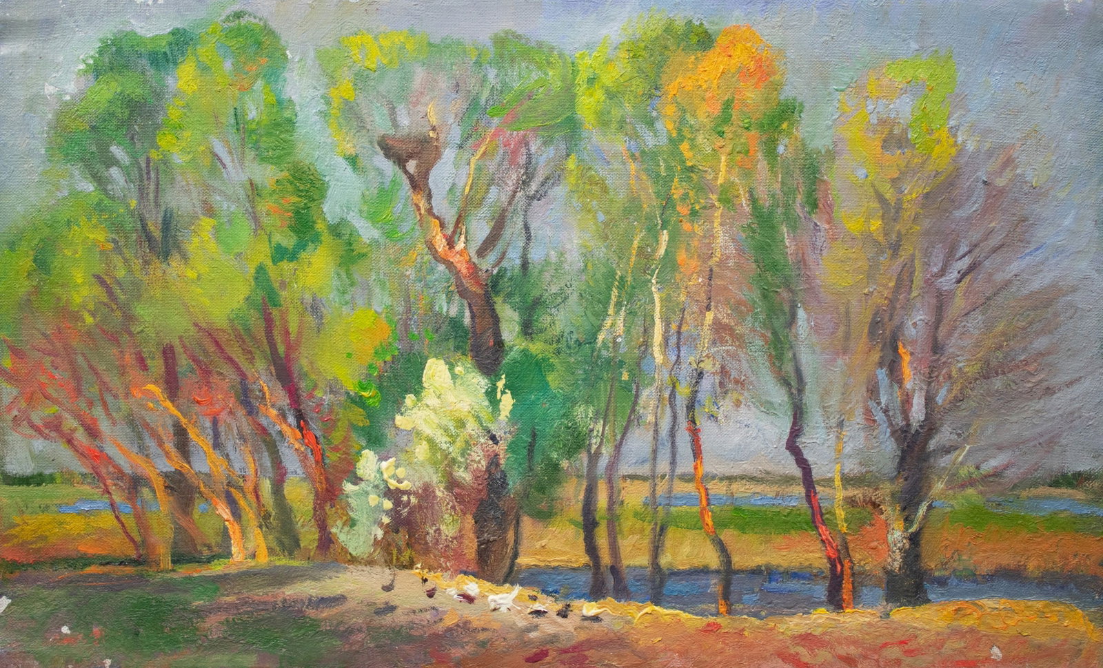 Mynka Olexandr (Ukrainian artist), "By the water", oil on canvas: Title: Mynka Olexandr (Ukrainian artist), "By the water", oil on canvas Description: ARTIST: Mynka Olexandr Fedorovich, Ukrainian artist TITLE: "By the water" SIZE: 33 x 55 cm, (13 x 21 3/4 in.) MEDIU