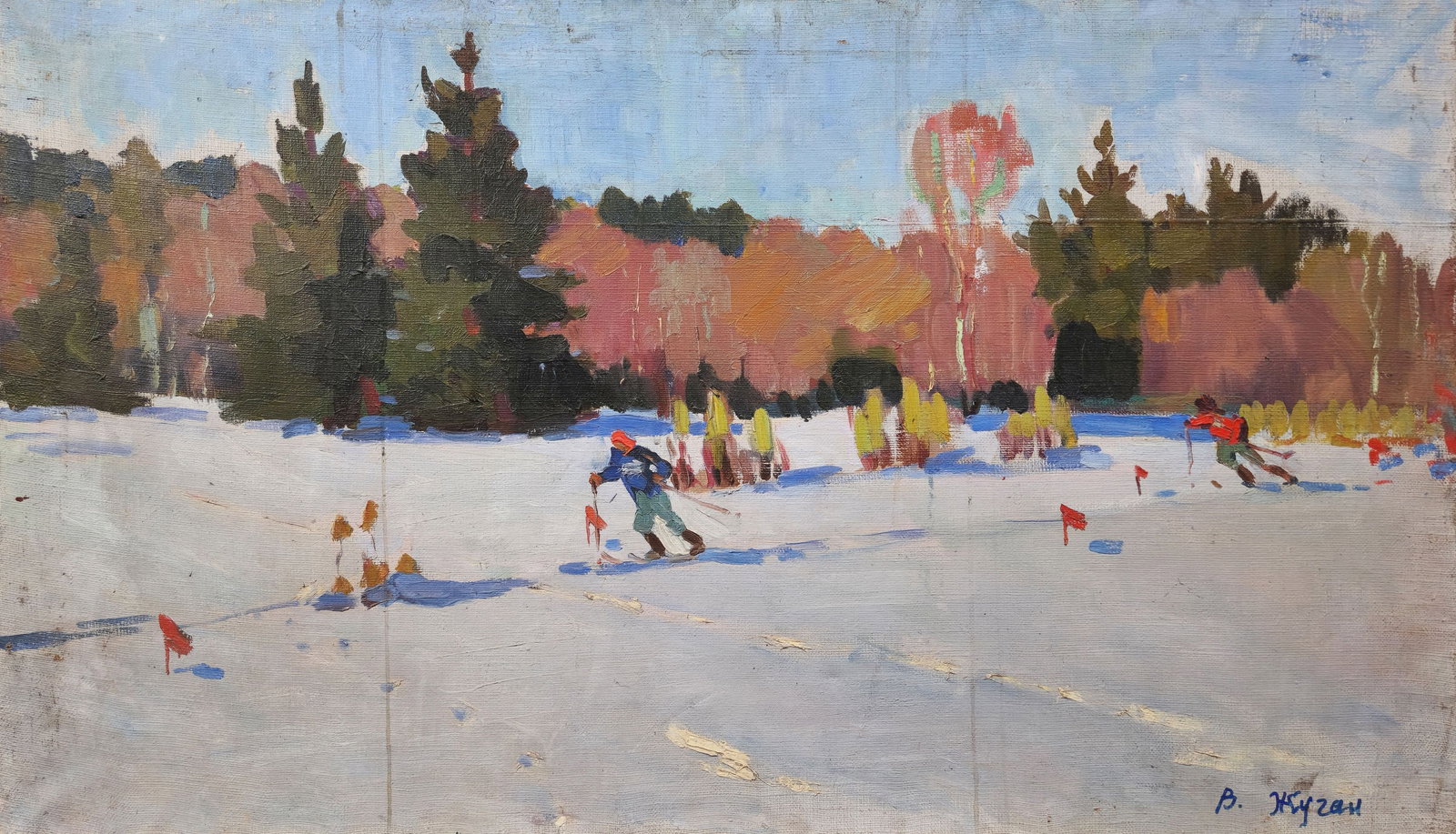Zhugan Volodymyr (Ukrainian artist), "Skiers", oil on canvas (1 of 3)
