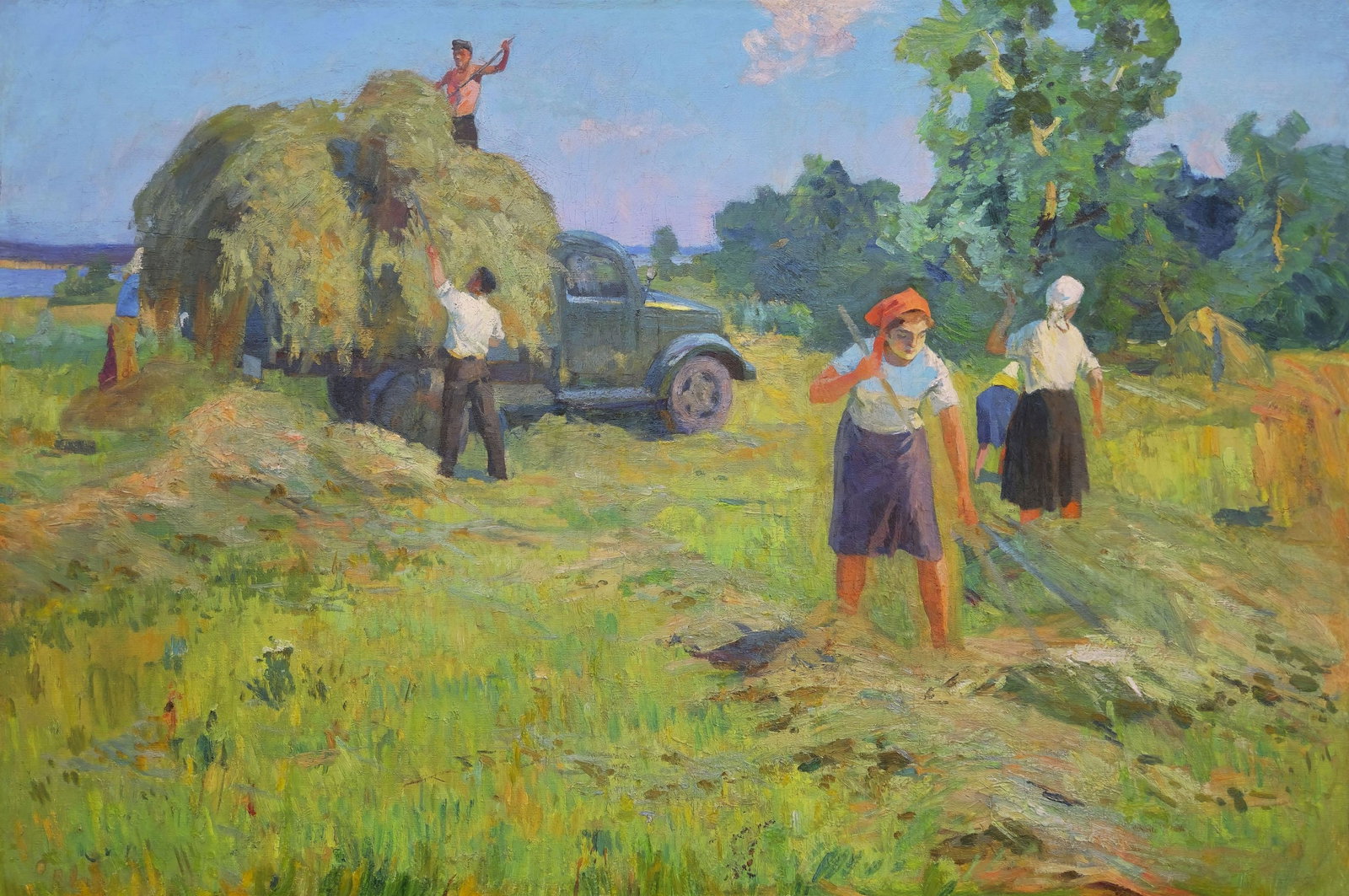 Kogan-Shatz Matviy (Ukrainian artist), "Haymaking", oil on canvas: Title: Kogan-Shatz Matviy (Ukrainian artist), "Haymaking", oil on canvas Description: ARTIST: Kogan-Shatz Matviy Borisovich, Ukrainian artist TITLE: "Haymaking" SIZE: 105 x 155 cm, (41 1/4 x 61 in.) M