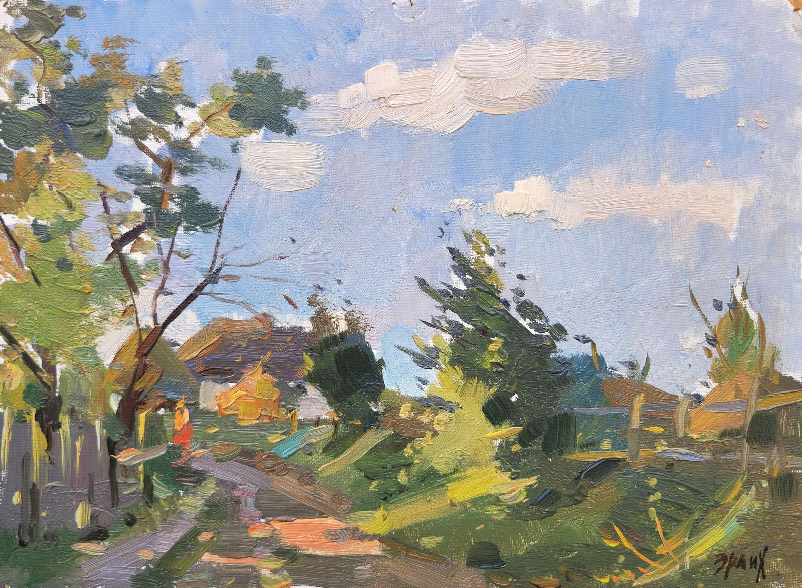 Erlih Volodymyr (Ukrainian artist), "On the village street", oil on cardboard: Title: Erlih Volodymyr (Ukrainian artist), "On the village street", oil on cardboard Description: ARTIST: Erlih Volodymyr Isaakovich, Ukrainian artist TITLE: "On the village street" SIZE: 18 x 24 cm, 