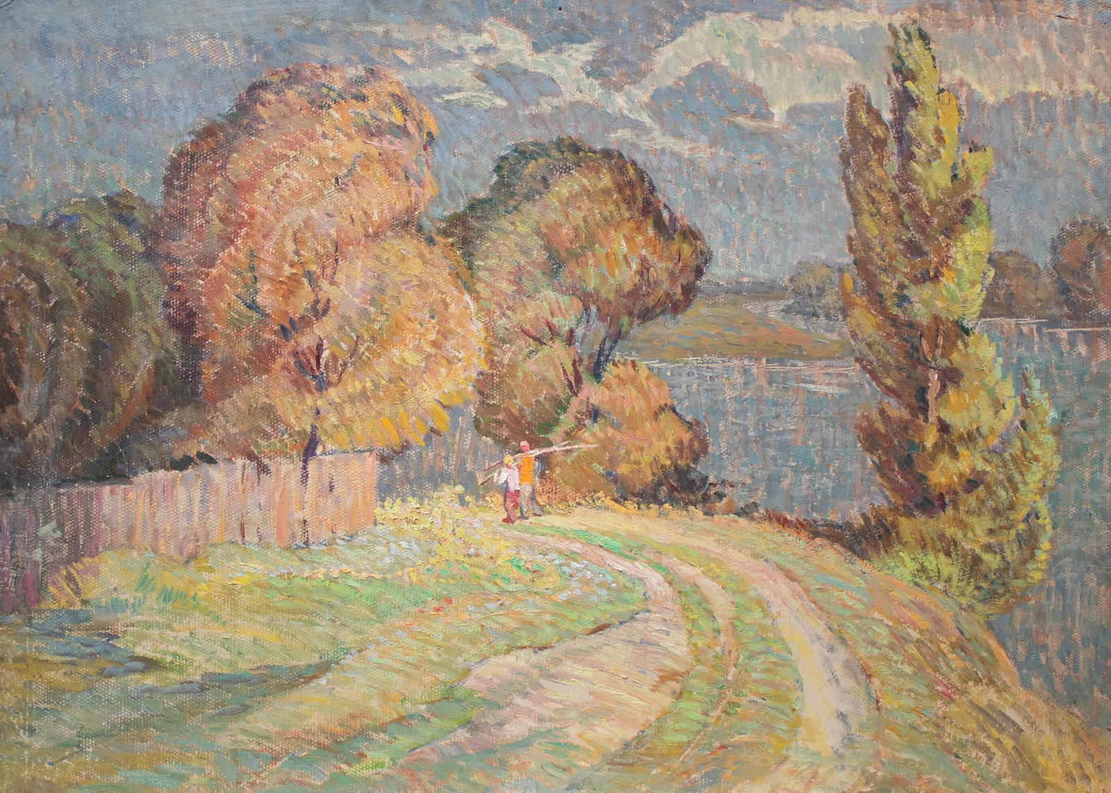 Unidentified (Ukrainian artist), "On the way to fishing", oil on cardboard: Title: Unidentified (Ukrainian artist), "On the way to fishing", oil on cardboard Description: ARTIST: Unidentified Artist TITLE: "On the way to fishing" SIZE: 50 x 69 cm, (19 3/4 x 27 1/4 in.) MEDIUM