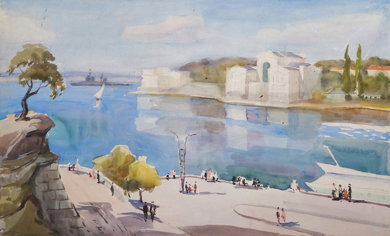 Unidentified (Ukrainian artist), "Sea port", watercolor on paper: Title: Unidentified (Ukrainian artist), "Sea port", watercolor on paper Description: ARTIST: Unidentified Artist TITLE: "Sea port" SIZE: 37 x 60 cm, (14 2/4 x 23 2/4 in.) MEDIUM: watercolor on paper Y
