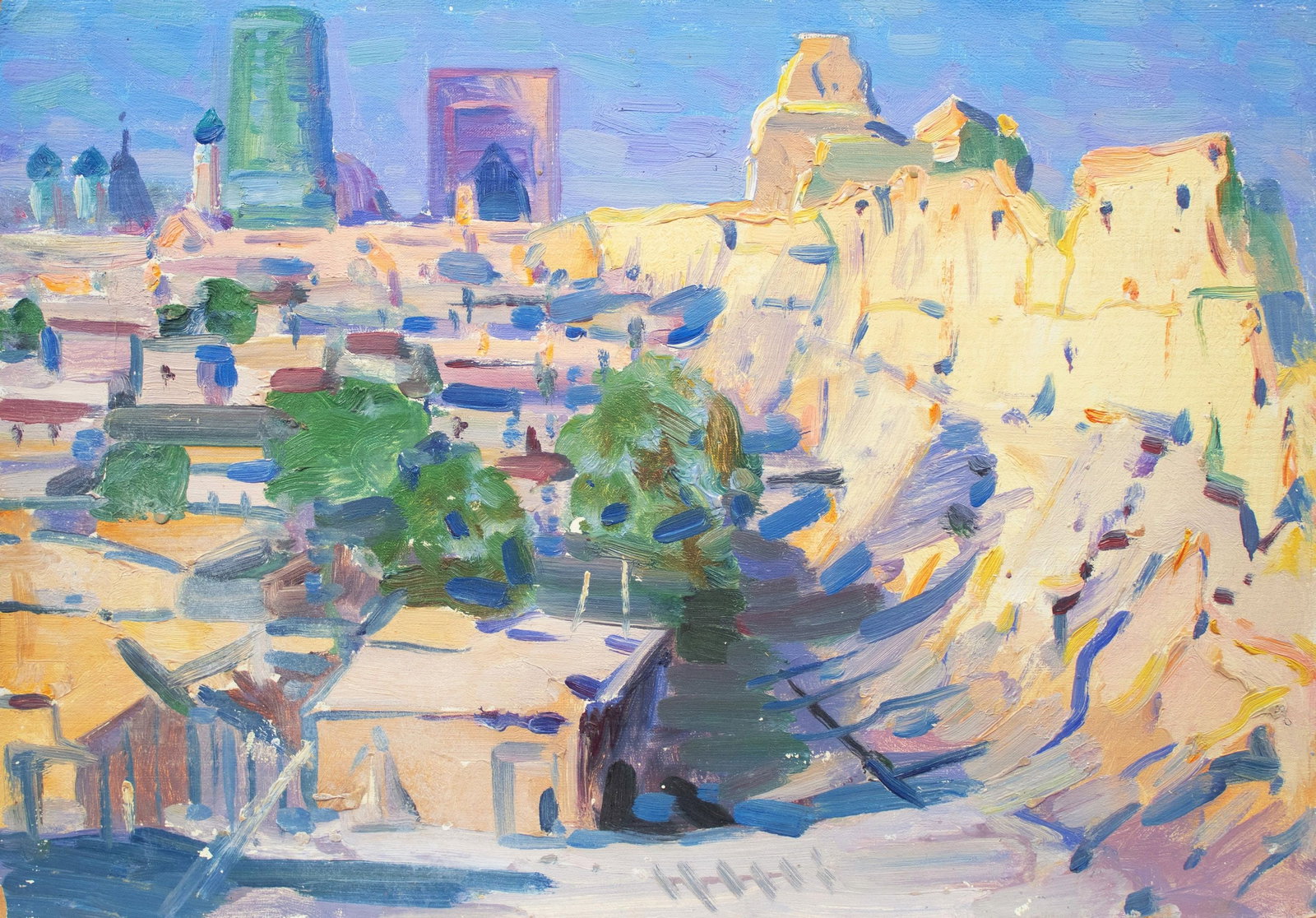 Tyukha Ivan (Ukrainian artist), "Old city. Asia", oil on cardboard: Title: Tyukha Ivan (Ukrainian artist), "Old city. Asia", oil on cardboard Description: ARTIST: Tyukha Ivan Andriyovich, Ukrainian artist TITLE: "Old city. Asia" SIZE: 35 x 50 cm, (13 3/4 x 19 3/4 in.)