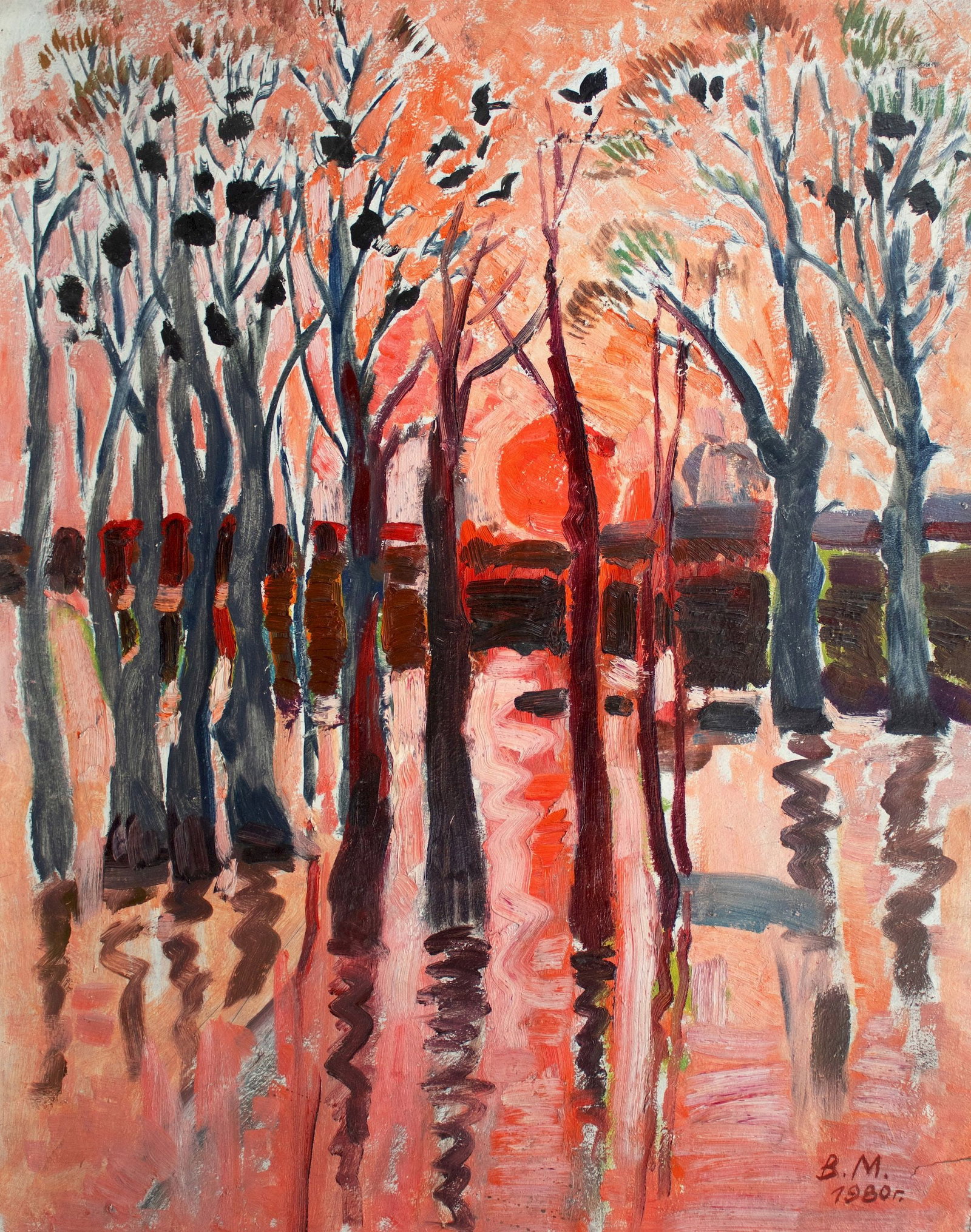 Makatukha Vasyl (Ukrainian artist), "Sunset", oil on cardboard: Title: Makatukha Vasyl (Ukrainian artist), "Sunset", oil on cardboard Description: ARTIST: Makatukha Vasyl Ivanovich, Ukrainian artist TITLE: "Sunset" SIZE: 80 x 62 cm, (31 2/4 x 24 2/4 in.) MEDIUM: o