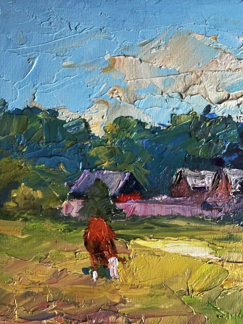 Oil painting A red cow near the houses Boris Serdyuk - 10