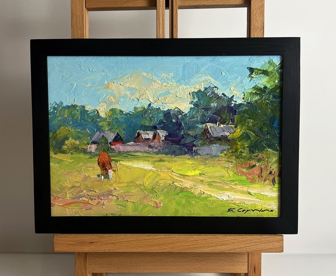 Oil painting A red cow near the houses Boris Serdyuk: Title: Oil painting A red cow near the houses Boris Serdyuk Description: NoAAA6010*** ABOUT THIS PAINTING **** TITLE: "A red cow near the houses"* ARTISTS: Serdyuk Boris Petrovich* SIZE: 21x30