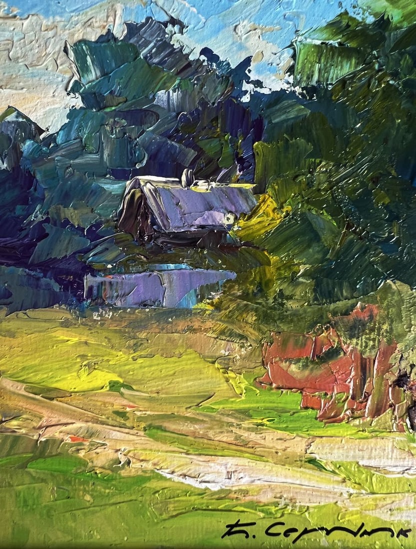 Oil painting A red cow near the houses Boris Serdyuk - 6