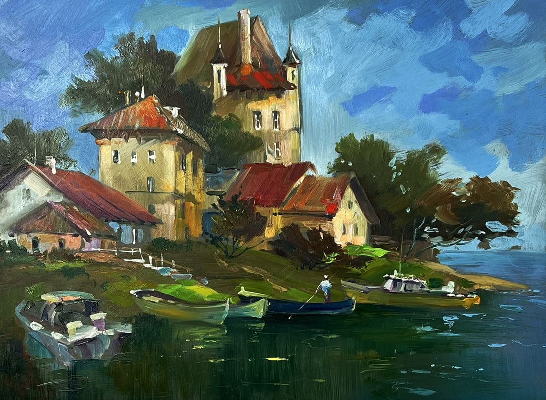 Oil painting Village boat dock Yuriy Suprunchuk - 3