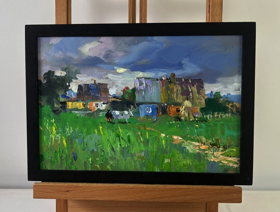 Oil painting Rural idyll with huts and cattle Yuriy Suprunchuk: Title: Oil painting Rural idyll with huts and cattle Yuriy Suprunchuk Description: NoAAA5510The Oil painting on Cardboard titled "Rural idyll with huts and cattle" captures the timeless tranquility an