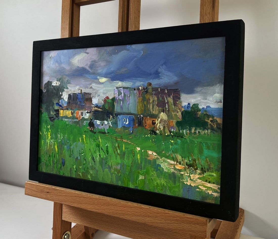 Oil painting Rural idyll with huts and cattle Yuriy Suprunchuk - 2