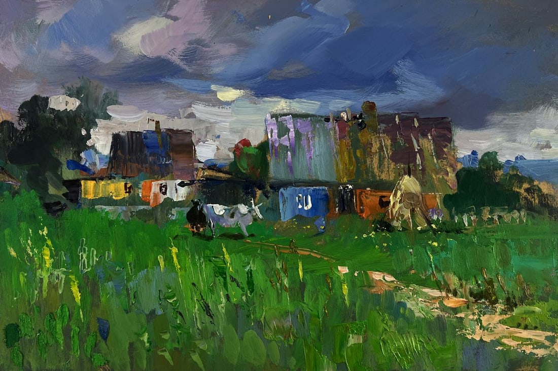 Oil painting Rural idyll with huts and cattle Yuriy Suprunchuk - 3