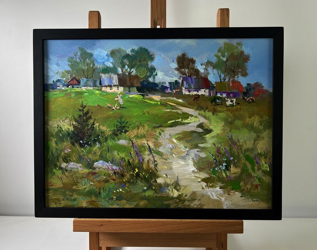 Oil painting Morning with cows in rustic Yuriy Suprunchuk: Title: Oil painting Morning with cows in rustic Yuriy Suprunchuk Description: NoAAA5527The Oil painting on Cardboard titled "Morning with cows in rustic" radiates a sense of calm and timeless beauty, 