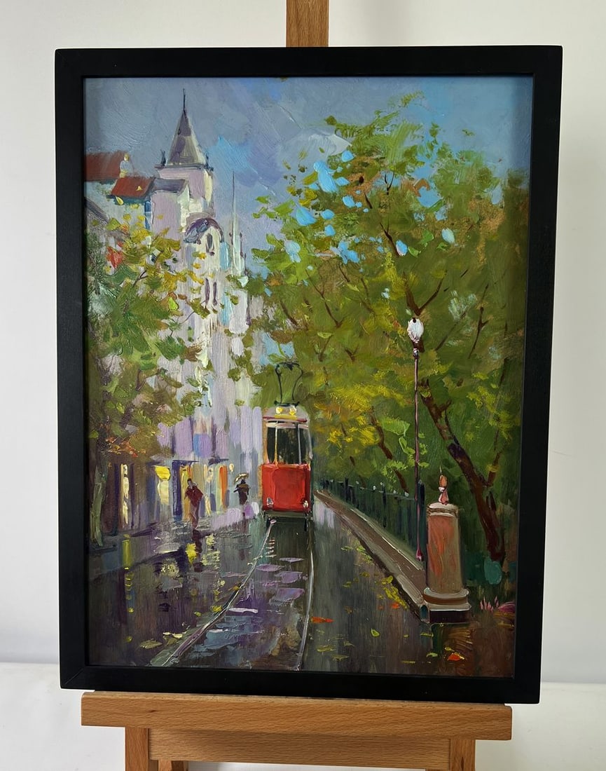 Oil painting City tram slides along the tracks Yuri Suprunchuk: Title: Oil painting City tram slides along the tracks Yuri Suprunchuk Description: NoAAA5530The Oil painting on Cardboard titled "Quiet conversations of girls" offers a tender glimpse into the