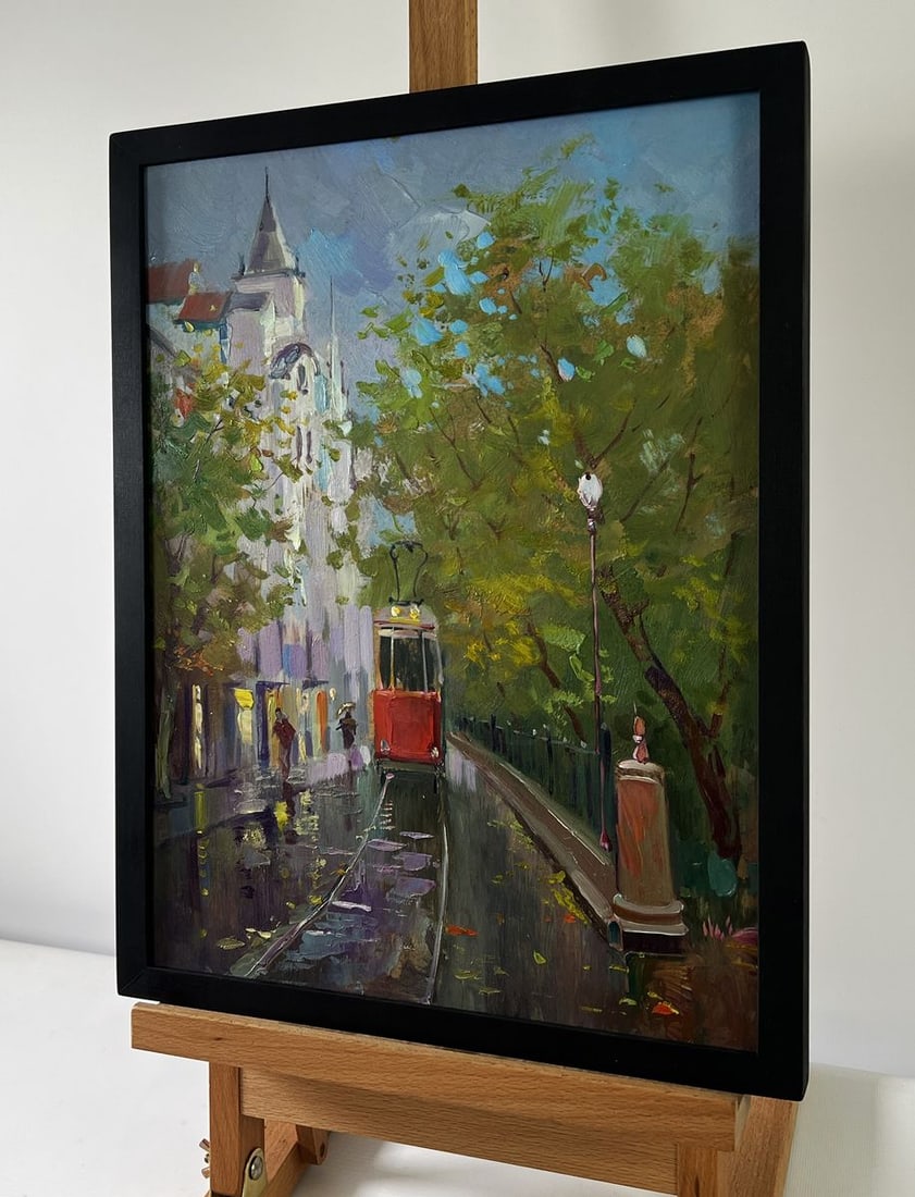 Oil painting City tram slides along the tracks Yuri Suprunchuk - 2