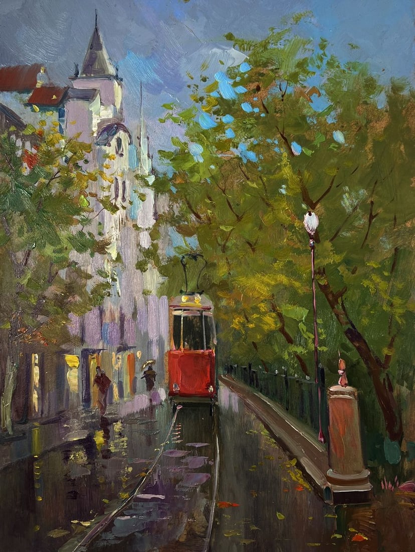 Oil painting City tram slides along the tracks Yuri Suprunchuk - 3
