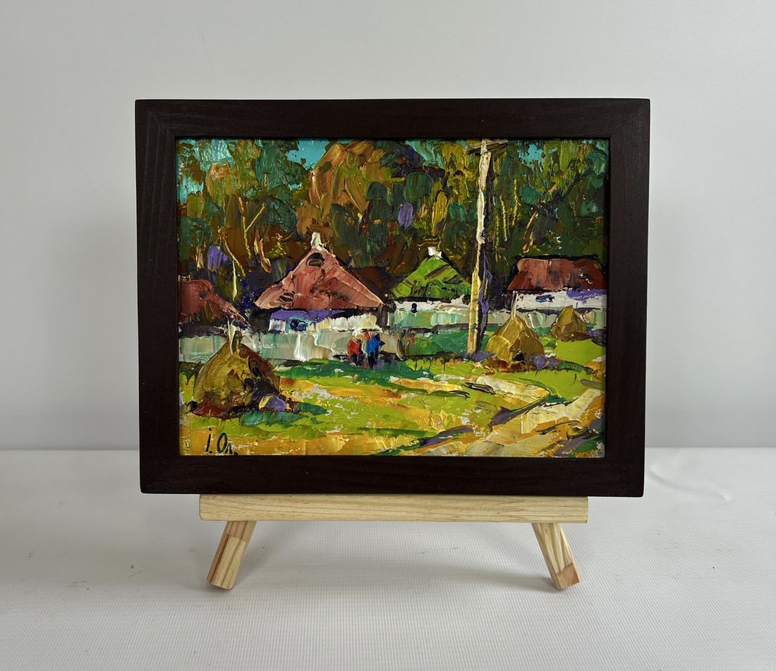 Oil painting They are sitting on a bench in the village Alex Kalenyuk: Title: Oil painting They are sitting on a bench in the village Alex Kalenyuk Description: NoAAA4503The painting "They are sitting on a bench in the village" is a vibrant and expressive depiction of ru