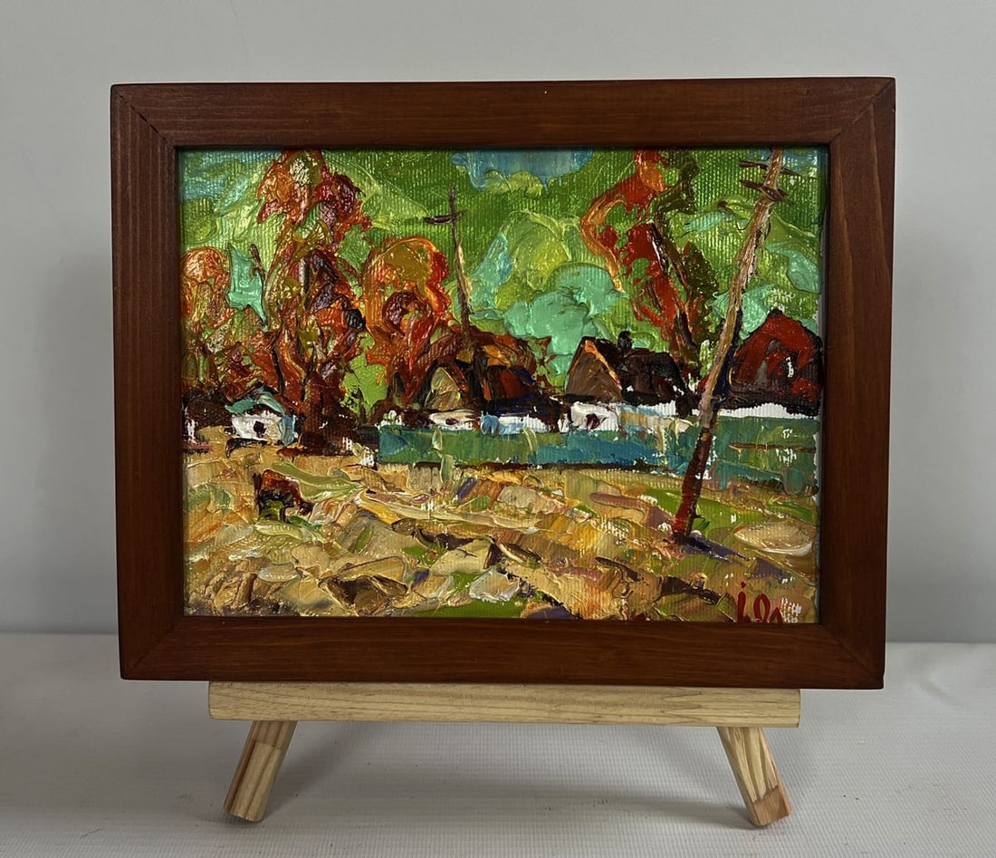 Oil painting Autumn day in the village Alex Kalenyuk: Title: Oil painting Autumn day in the village Alex Kalenyuk Description: NoAAA4686The oil painting on canvas titled "Autumn Day in the Village" is a vibrant and textured portrayal of rural life captur