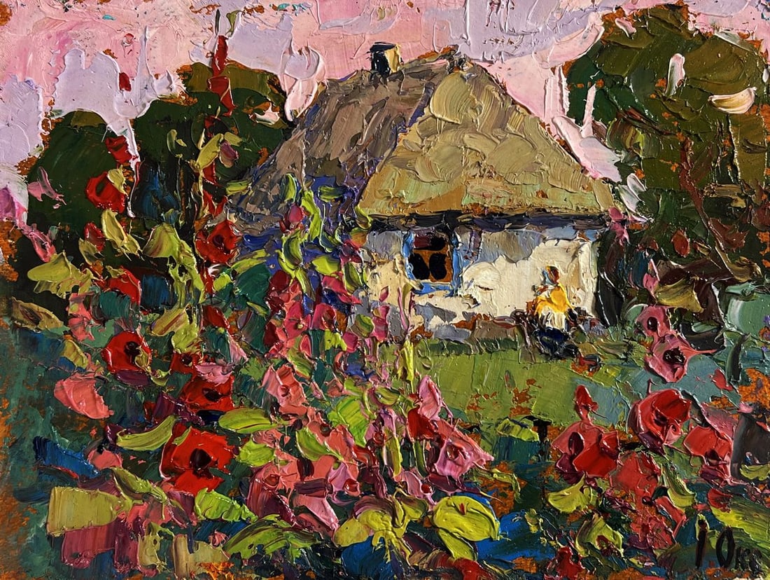 Oil painting Mallows are blooming in the garden Oksana Kalenyuk - 3