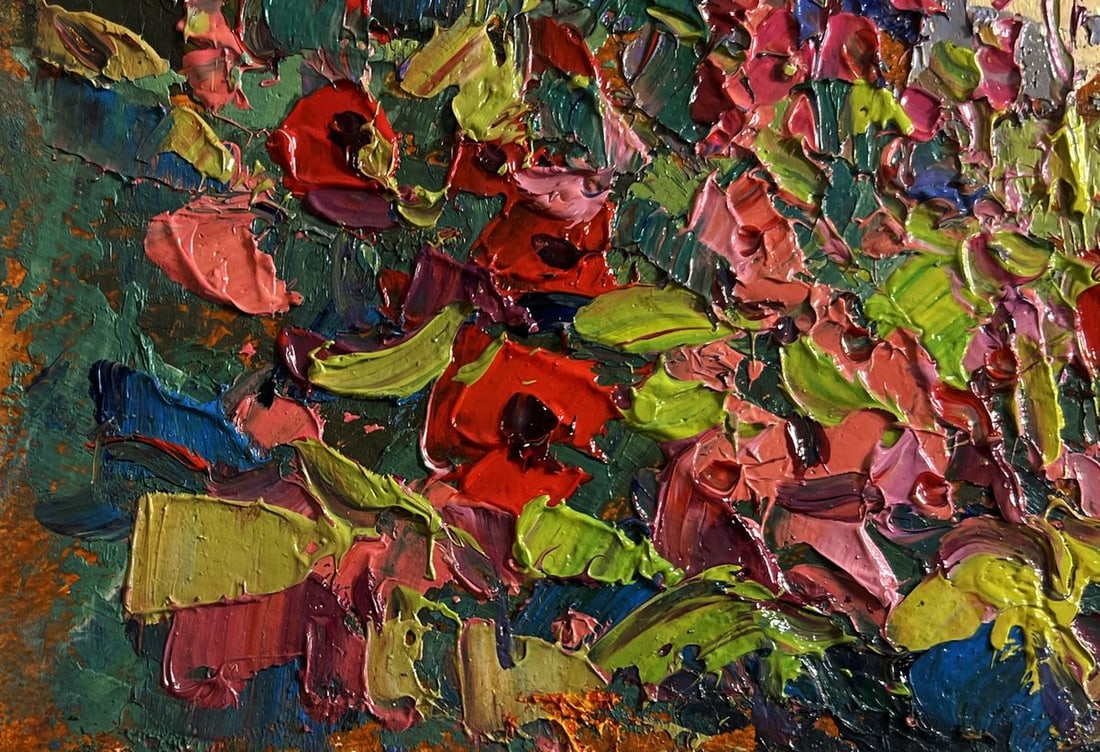 Oil painting Mallows are blooming in the garden Oksana Kalenyuk - 5
