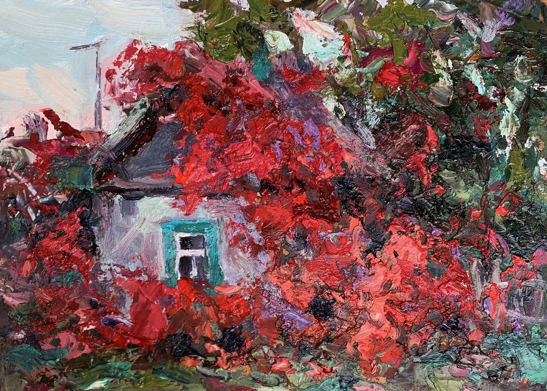 Oil painting A house under hops Alexander Cherednichenko: Title: Oil painting A house under hops Alexander Cherednichenko Description: NoAAA3283"A House Under Hops" is an evocative Oil painting that captures a quaint house enveloped by vibrant hops. The arti
