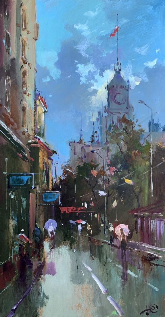 Oil painting City bustle Yuriy Suprunchuk: Title: Oil painting City bustle Yuriy Suprunchuk Description: NoAAA3611The painting "City Bustle" captures the vibrant energy and dynamic rhythm of urban life. Executed with oil on cardboard, the