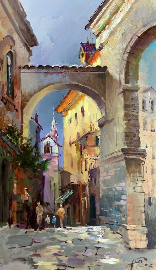 Oil painting Old streets of the city Yuriy Suprunchuk: Title: Oil painting Old streets of the city Yuriy Suprunchuk Description: NoAAA3612The painting "Old Streets of the City" masterfully portrays a charming and picturesque view of a historical European 