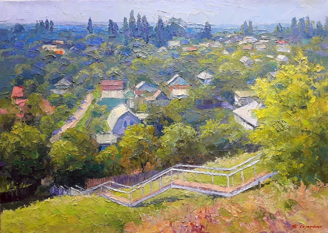 Oil painting Sunny day Serdyuk Boris Petrovich: Title: Oil painting Sunny day Serdyuk Boris Petrovich Description: NoSERB 1015This oil painting, aptly named "Sunny Day," is a vibrant representation of a bustling rural landscape bathed in the