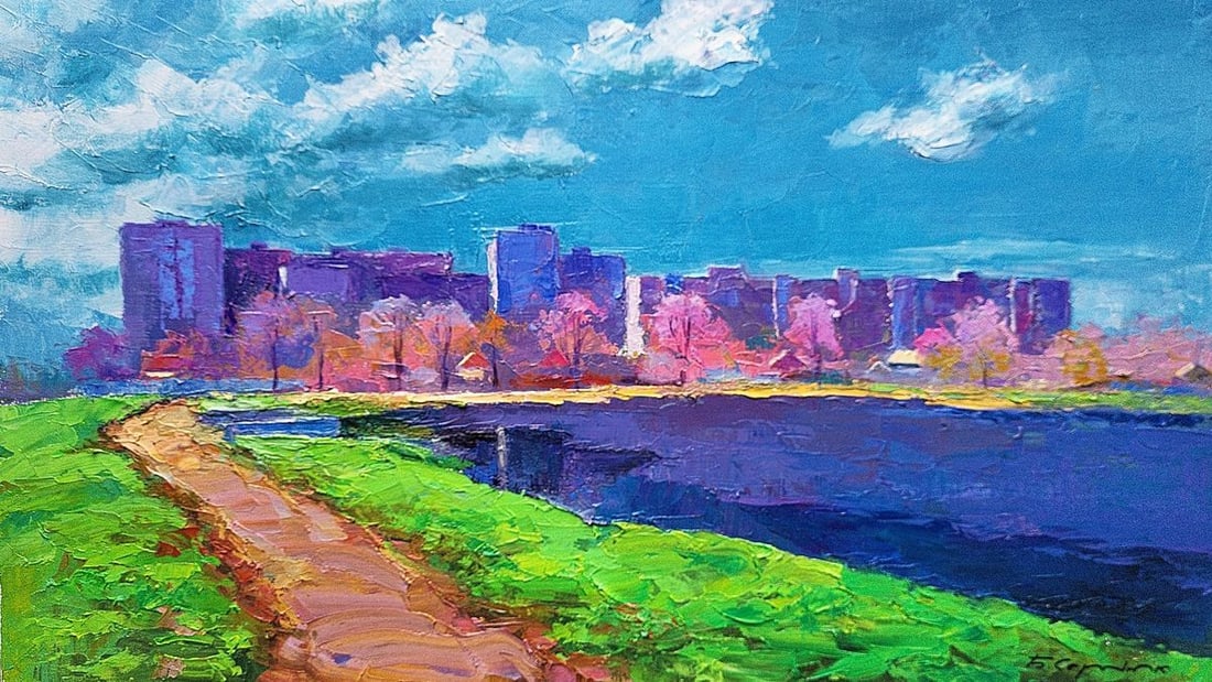 Oil painting Over the river Boris Serdyuk: Title: Oil painting Over the river Boris Serdyuk Description: NoSERB 1041The oil painting titled "Over the River" is an expressive portrayal of a cityscape as viewed from across a river. The artwork i