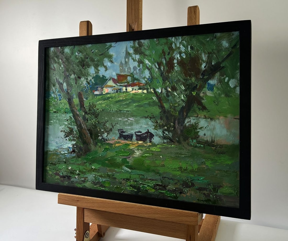Oil painting Village river with two boats Yuriy Suprunchuk - 2