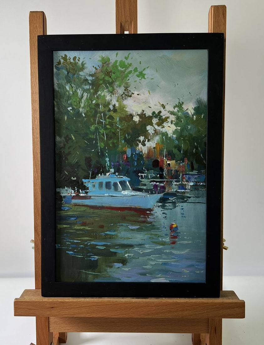 Oil painting Boats on the river Yuriy Suprunchuk: Title: Oil painting Boats on the river Yuriy Suprunchuk Description: NoAAA5769The Oil painting Cardboard titled "Boats on the river" captures a tranquil riverside moment where nature and human presenc
