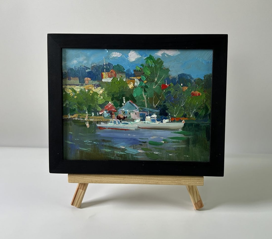Oil painting Village boats on a ferry Yuriy Suprunchuk: Title: Oil painting Village boats on a ferry Yuriy Suprunchuk Description: NoAAA5774The Oil painting Cardboard titled "Village boats on a ferry" portrays a vivid and picturesque scene where rural