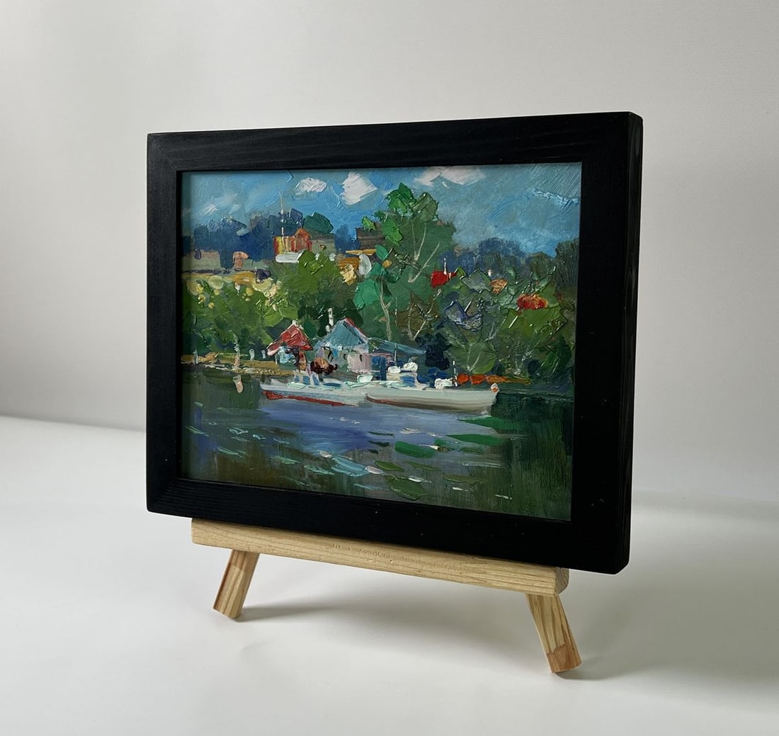 Oil painting Village boats on a ferry Yuriy Suprunchuk - 2