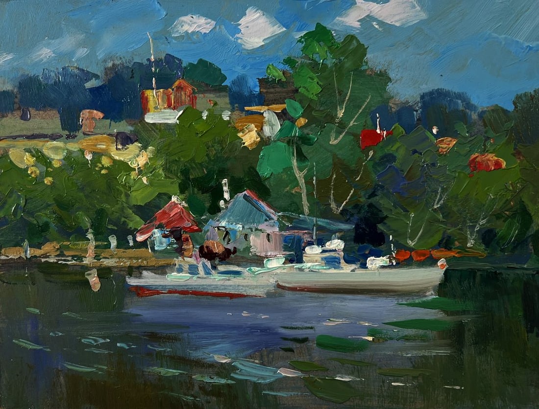Oil painting Village boats on a ferry Yuriy Suprunchuk - 3